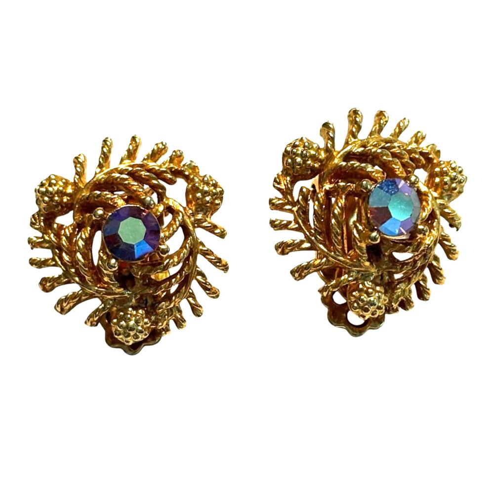 Vintage mid century clip on earrings ornate goldtone & AB center rhinestones